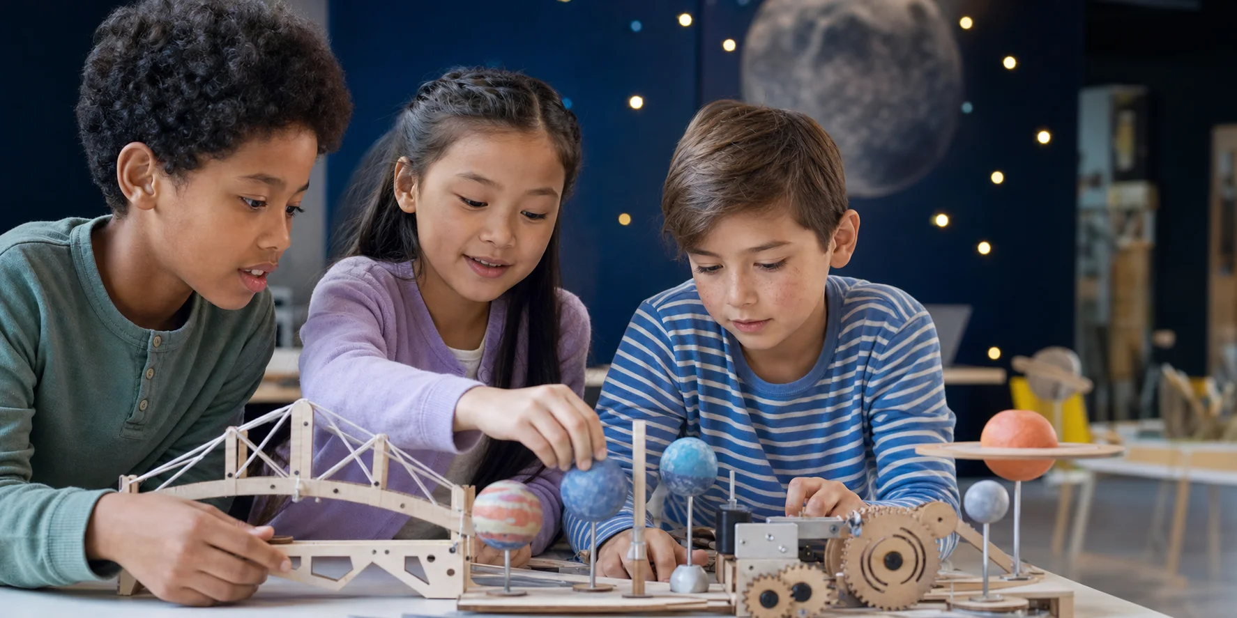 Children exploring engineering, planets and science together