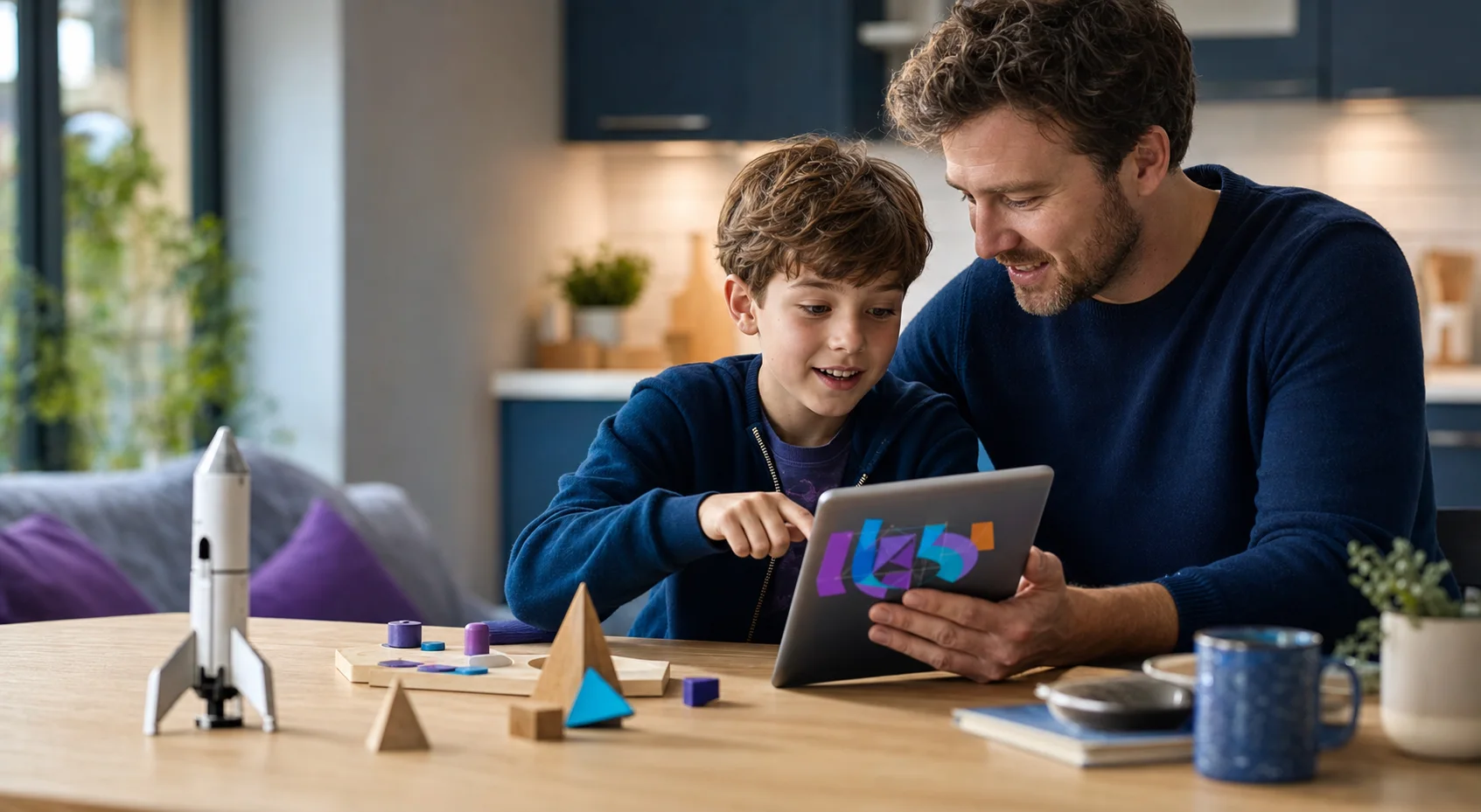 A parent and child enjoying a learning activity together at home